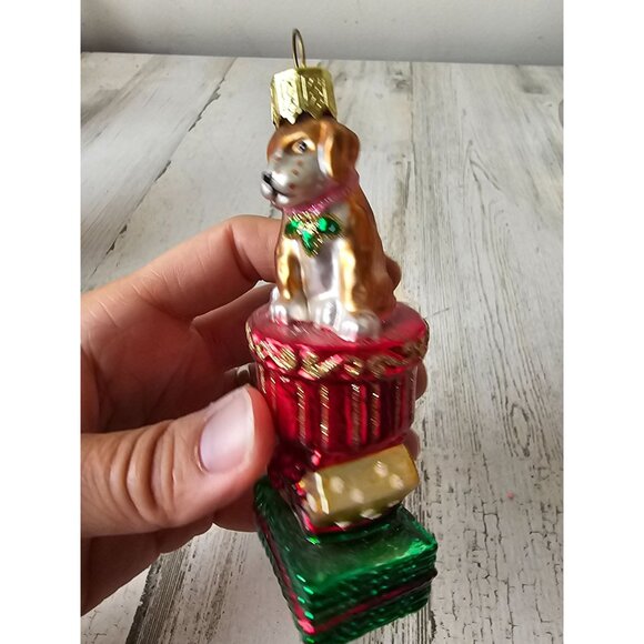 Glass dog puppy present ornament glitter Red Gold Xmas tree - Picture 2 of 8